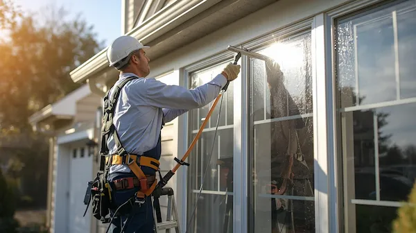Dedicated working person cleaning windows of a house