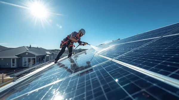 Cleaning solar panels of a house in Hobart suburb for better energy efficency