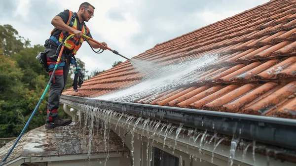 Cleaning dirty roof gutters, removing debris from a house