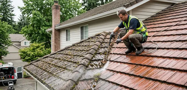 Professional cleaning of dirt from a residential roof of home using a pressure washer for roof maintenance service.