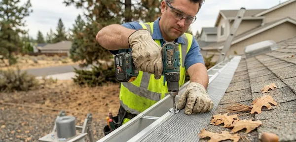 An expert is installing a gutter guard for water damage protection in a house across Hobart