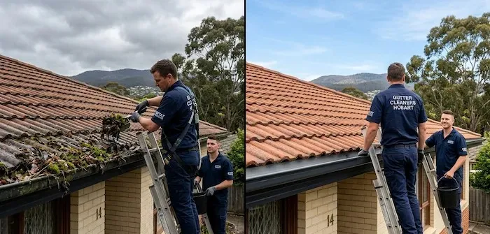 Clogged gutter cleaning before and after results