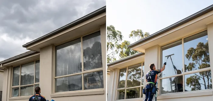 Before and after windows cleaning service in Mount Stuart showing transformation