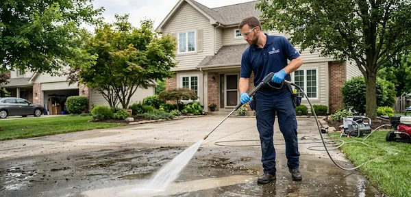 Professional person cleaning driveway in front of a home in Glenorchy removing all the dirt