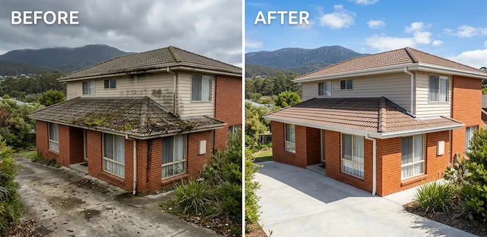 Before and after results of our full house exterior cleaning services in Hobart