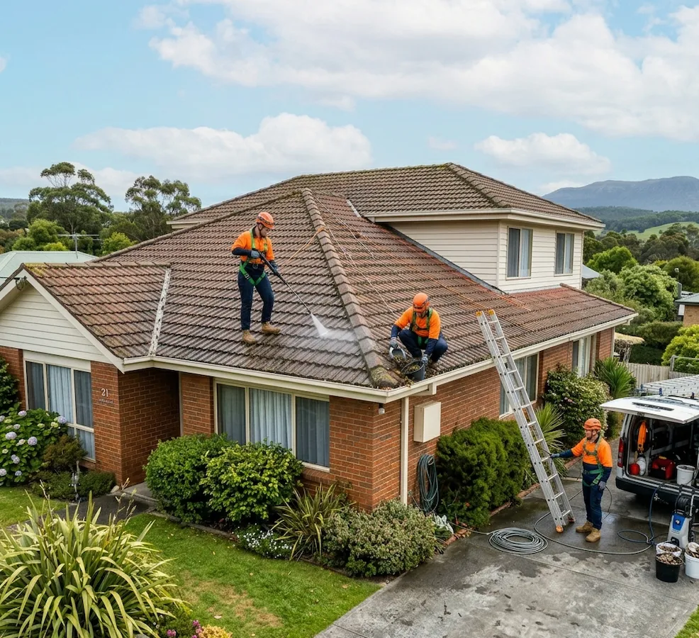 Our team is cleaning the exterior of a house professionally in Kingston