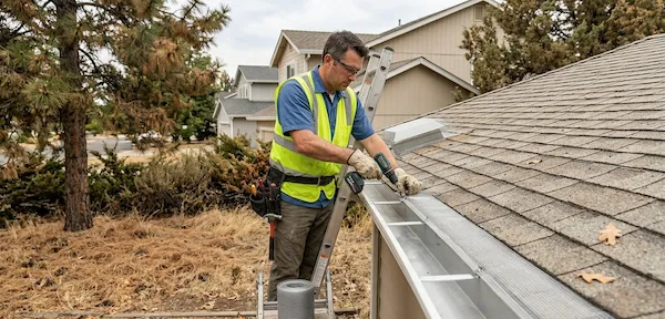 Experienced person installing Ember guard around the roof of a house after cleaning and removing all debris from the house in West Hobart
