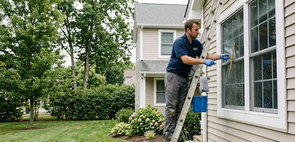 A professional member of our team is cleaning the windows of a house in Kingston